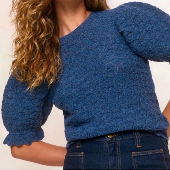 CHRISTY DAWN logan sweater short sleeve blue medium baby alpaca fur puff sleeve - Picture 4 of 8